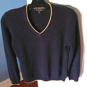 HOST PICK Brooks Brother Navy Blue Ribbed V NECK SWEATER,Med Gold Trim